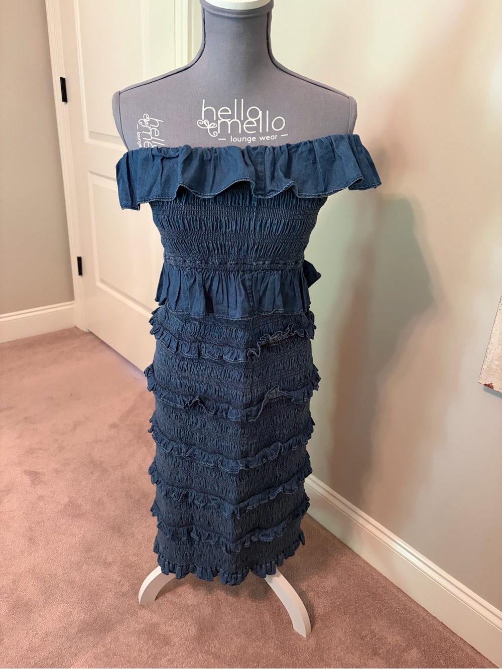 Cleobella Denim-Blue Off-Shoulder Ruffle Smocked Midi Dress